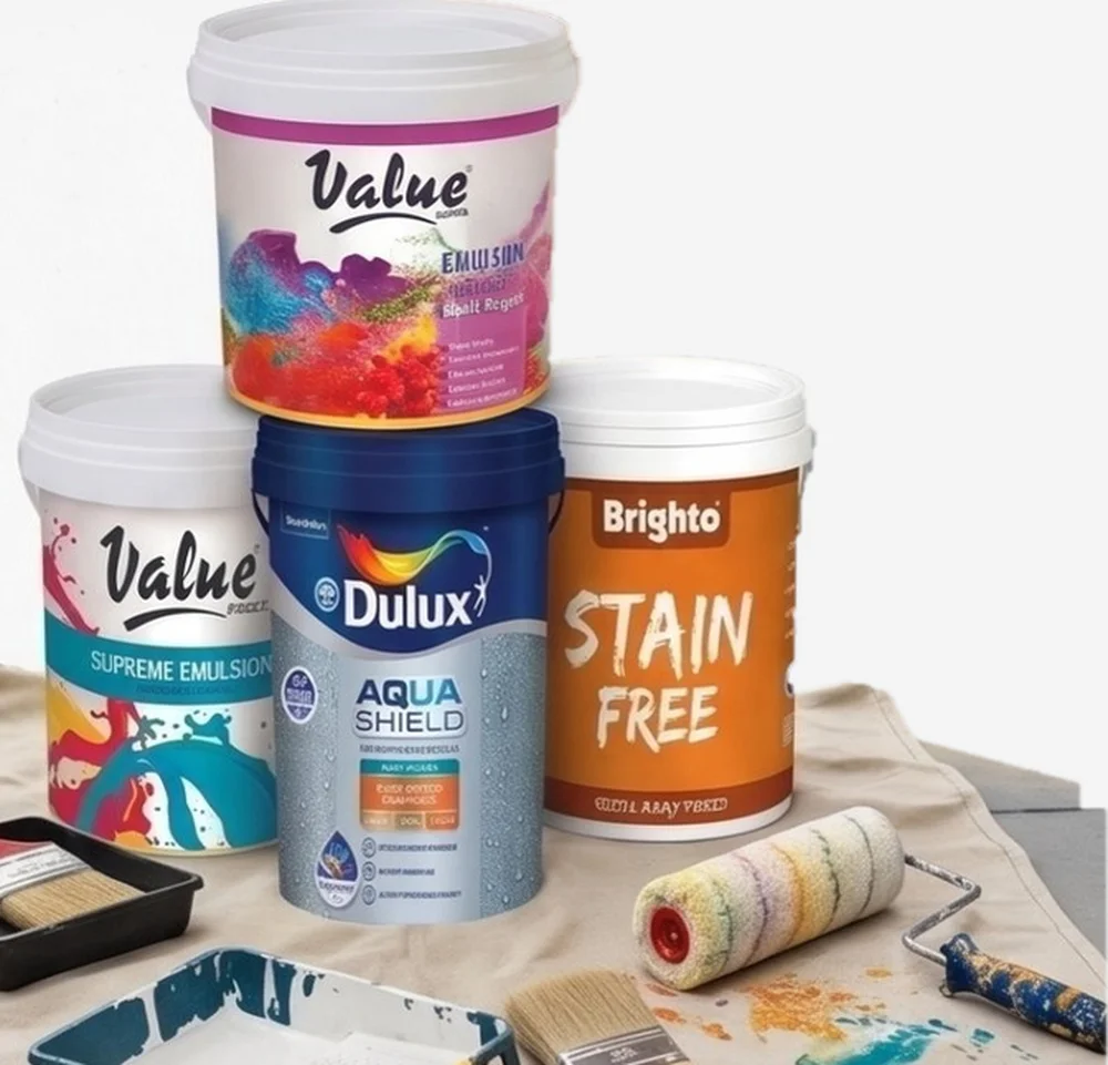 Quality emulsion paint tins from Value, Dulux and Brighto with painting tools