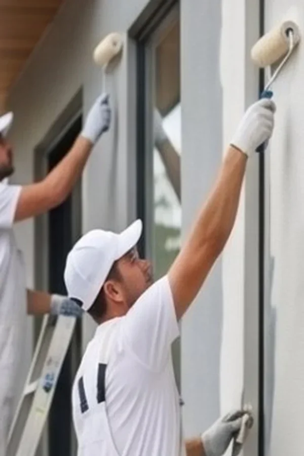 Professional painters in clean uniforms rolling paint on an exterior wall